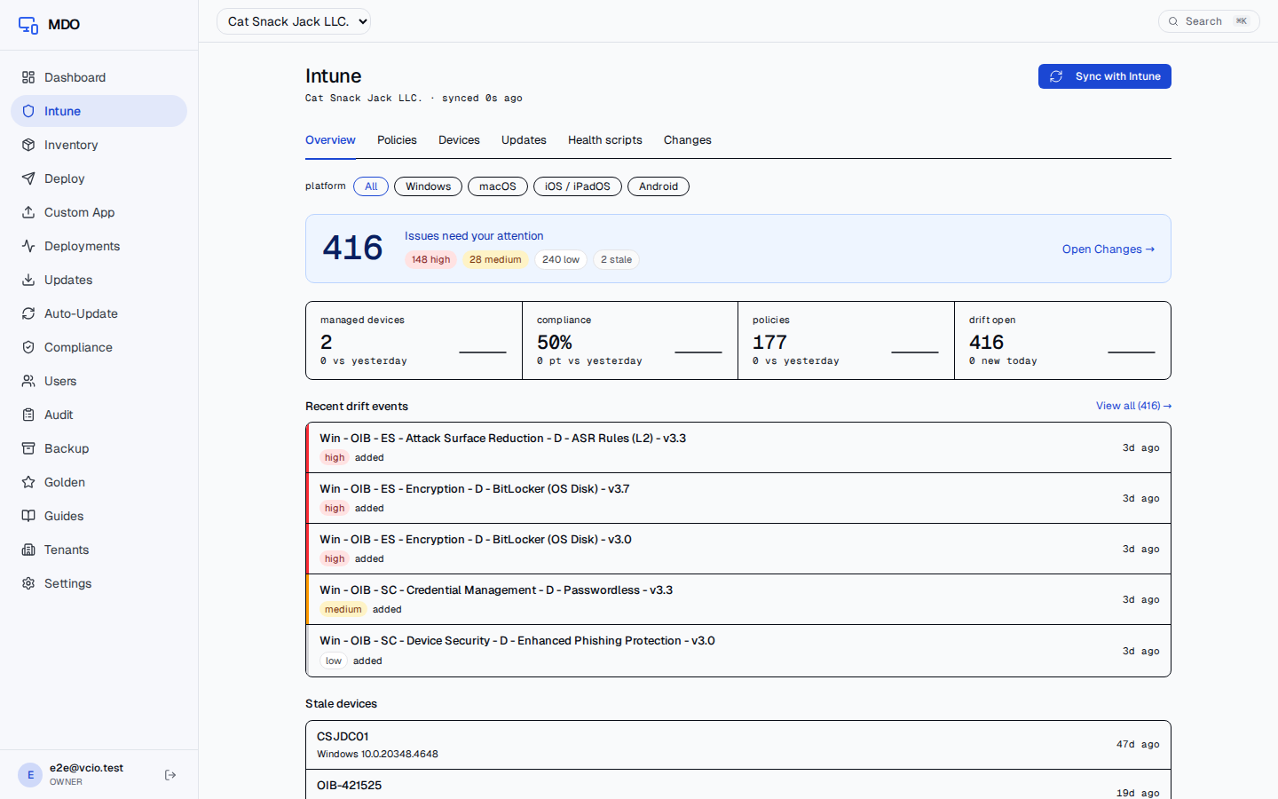 MDO Intune Overview — drift detection panel with KPI strip and recent events